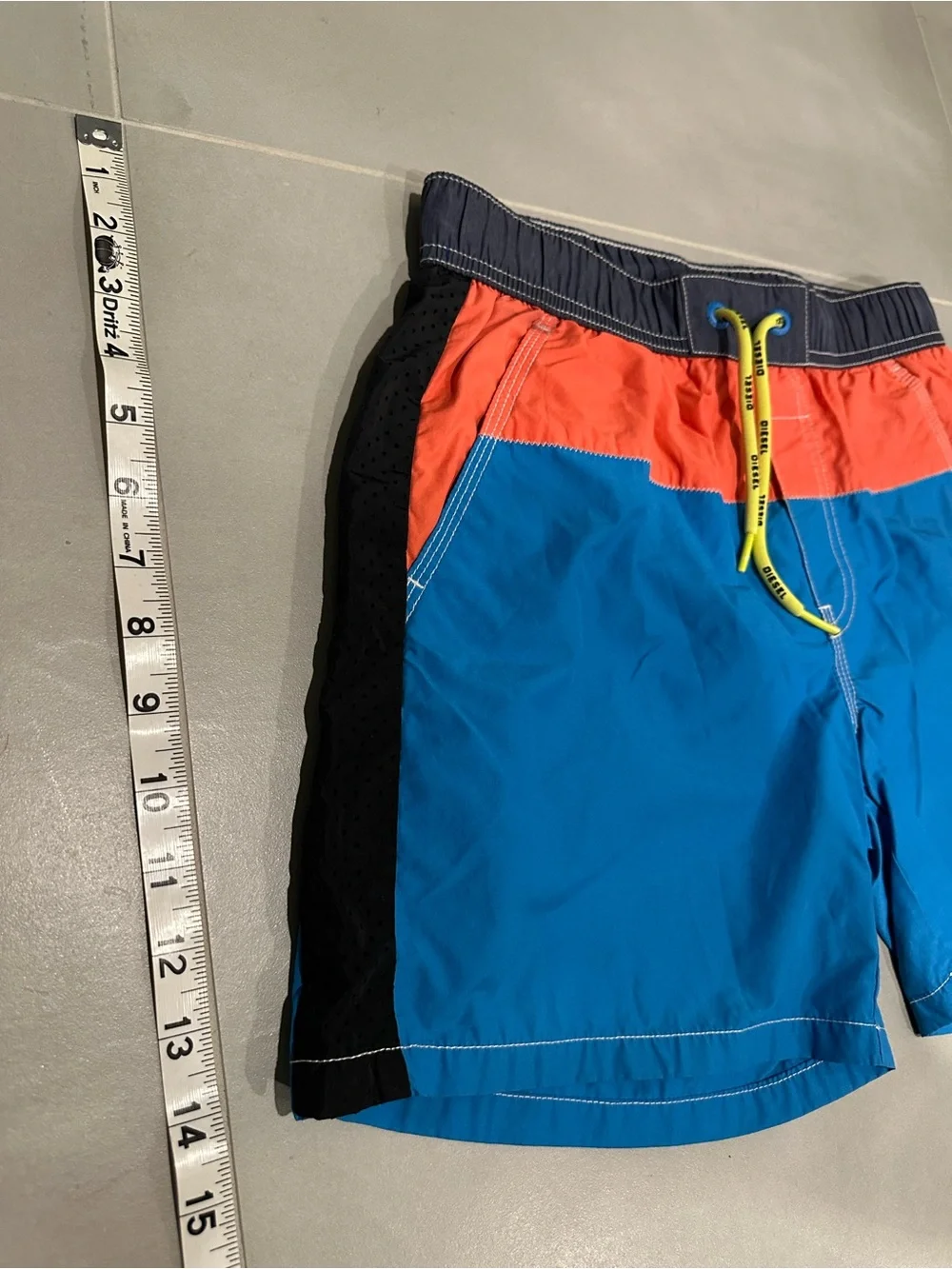 Diesel Colorblock Swim Shorts in Blue, Coral, Navy with Yellow Drawstring